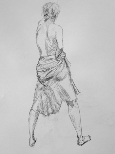Pencil drawing of a topless girl standing with her back to us