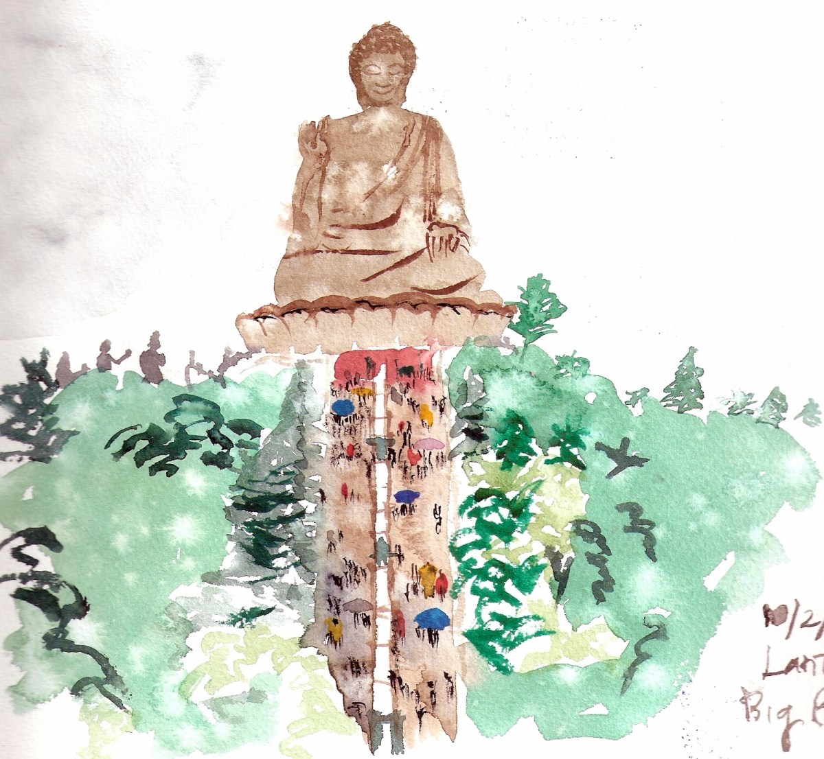 Plein-air watercolor sketch of a big Buddha statue