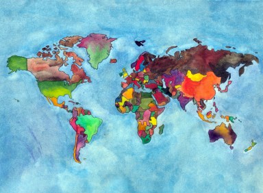 Completed world map, drawn by Lisa Hsia with help from a Mercator projection, finished with watercolor