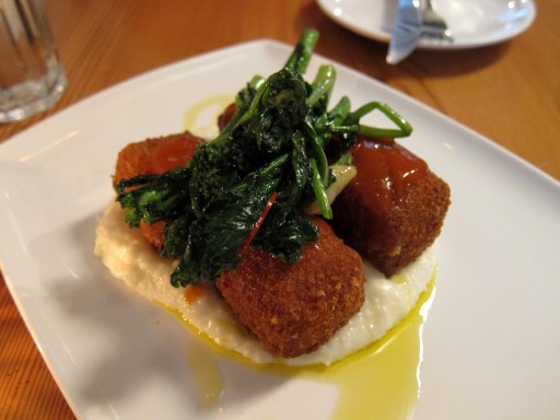 Deep-fried beef tendon over buttery grits, with some spinach (?) on top