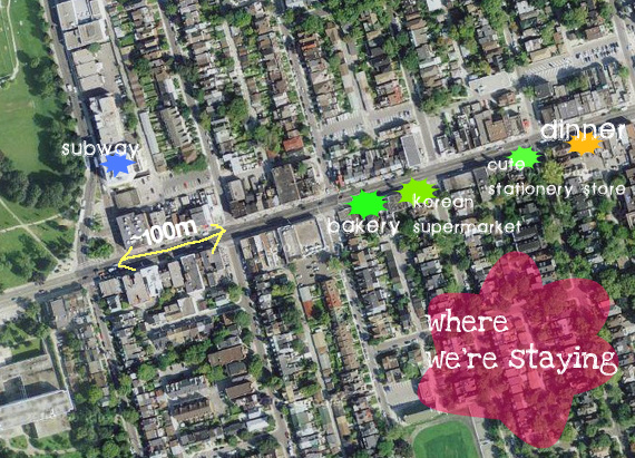 Aerial view of our neighborhood, borrowed from Google Maps and altered!