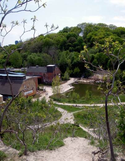 Evergreen Brick Works and park from above
