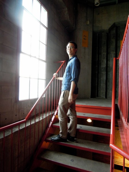 Erik climbing the clock tower stairs