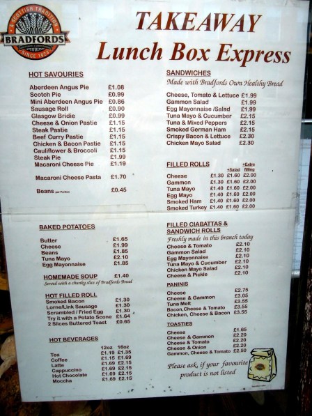 Bradfords's menu, including Aberdeen Angus Pie and Gammon Salad Sandwiches