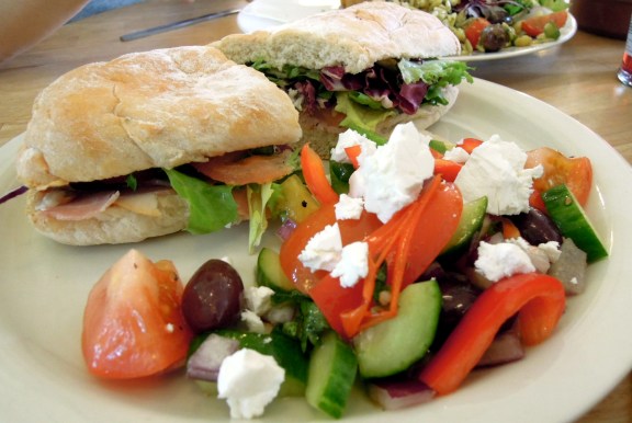 Ham sandwich (with greens) and Greek salad