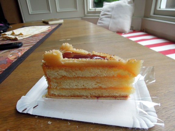 Slice of marzipan and jam cake
