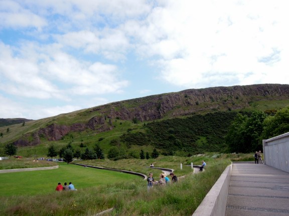 View of Holyrood Park from next to the Parliament building
