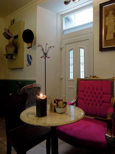 Inside a cute, eclectically-decorated cafe