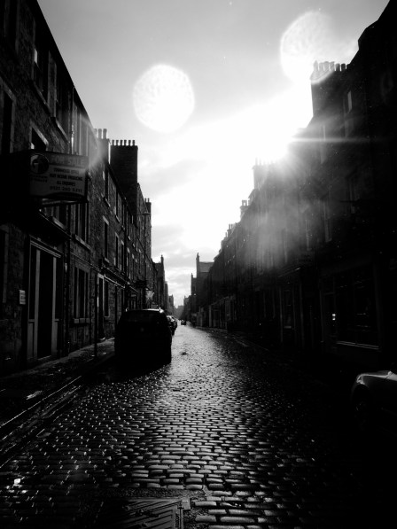 B/W photo of Thistle Street: raindrops on the lens, sunshine