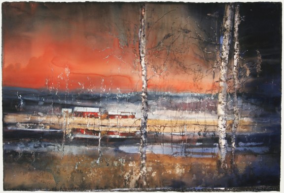 Trees against a reddish-orange sky