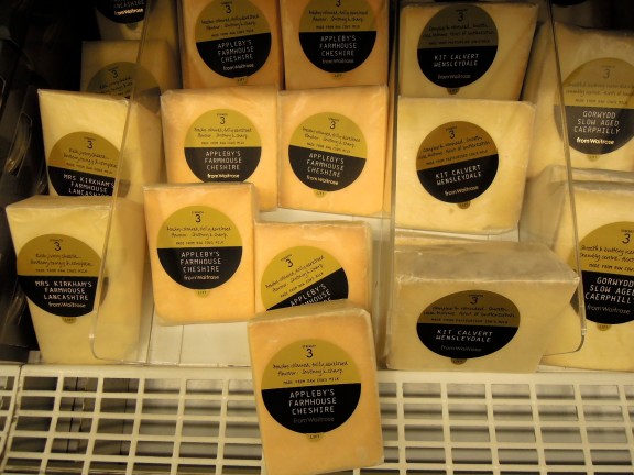 Store-brand cheese selection at Waitrose, organized by number according to flavor strength.