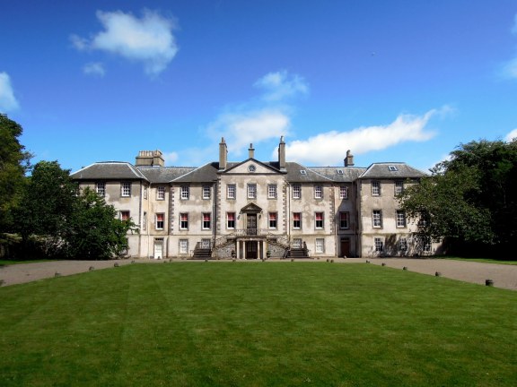 Newhailes house in the sunshine, with rectangle of lawn in front