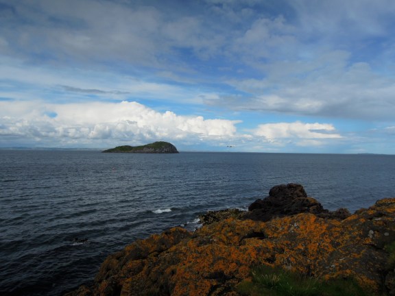 Looking out to sea with a big rock in the distance, and orange growths on the rocks close at hand