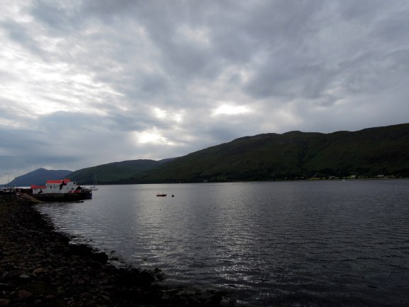 That little building is the restaurant! No, the roof isn't fluorescent; it just came out looking that way. Crannog restaurant on Loch Linnhe