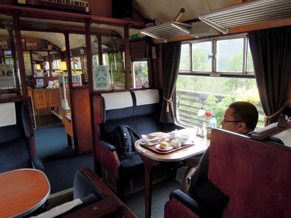 Erik and the tea tray inside the Glenfinnan Dining Car