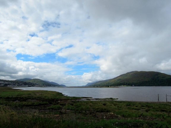 Caol waterfront, with hills in the distance