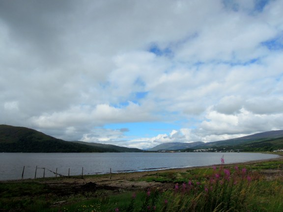 Caol waterfront, with hills in the distance