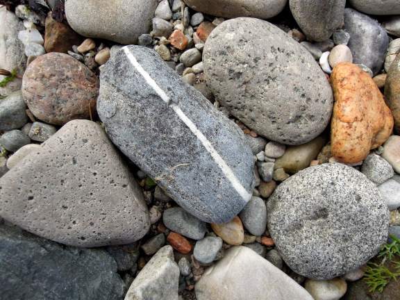 Oblong grey rock with a white stripe through it