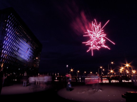 Fireworks outside Harpa concert hall