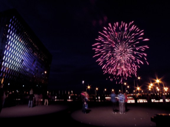 Fireworks outside Harpa concert hall