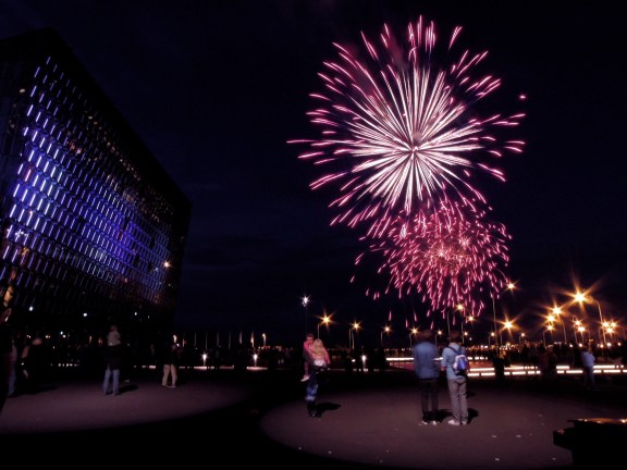 Fireworks outside Harpa concert hall