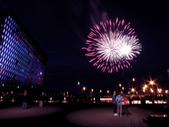 Fireworks outside Harpa concert hall