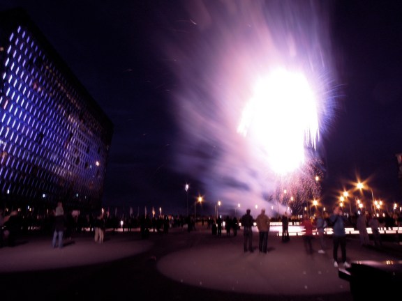 Fireworks outside Harpa concert hall