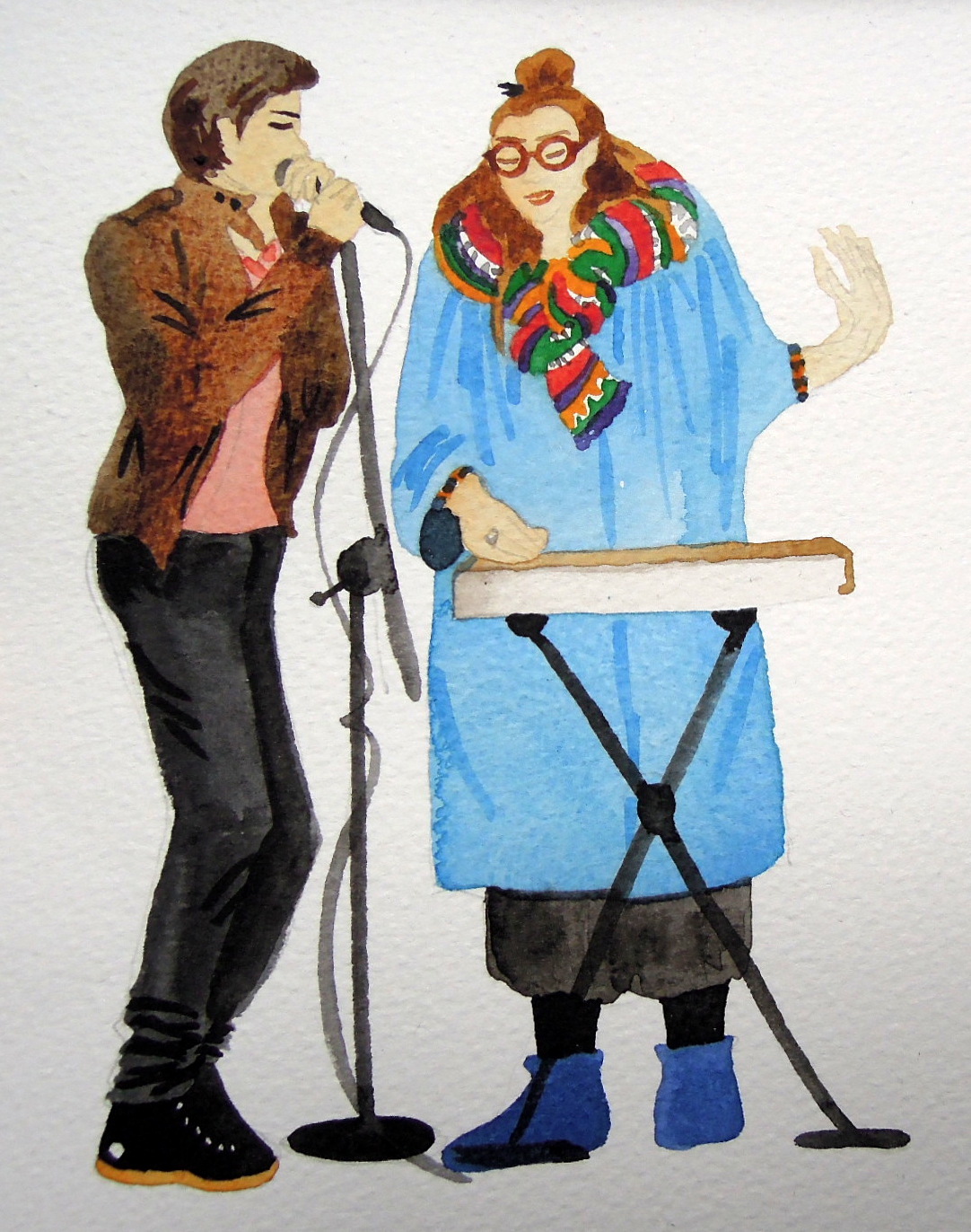 Two musicians rendered in watercolor