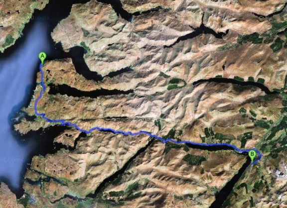 Thanks, Google Satellite! Google Satellite map showing the route from Mallaig to Fort William