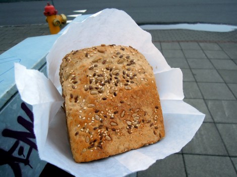 A loaf of mueslibrauð in paper bag