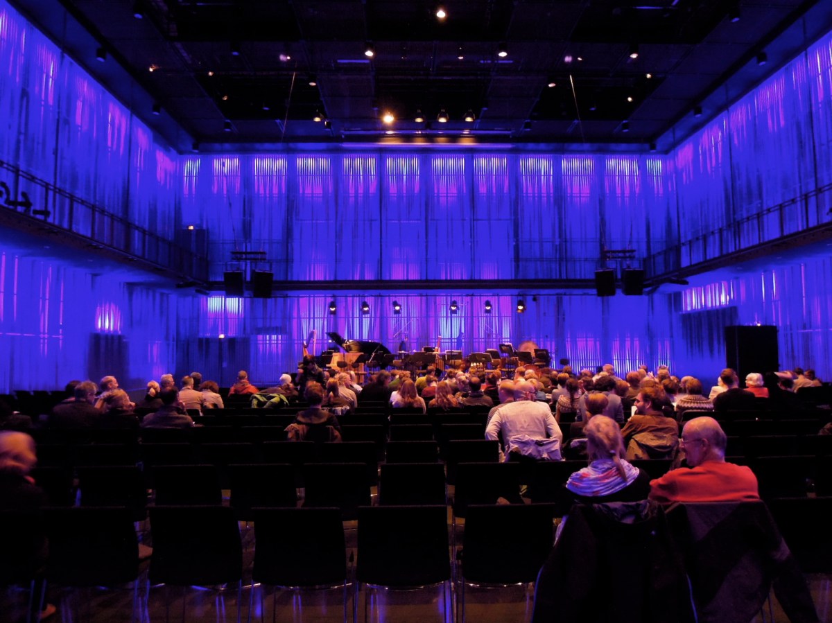 Stage for final UNM concert, inside a recital hall at Harpa concert hall. 