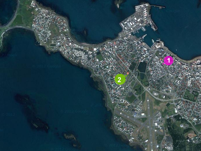 Satellite map of Reykjavík showing the locations of our two apartments