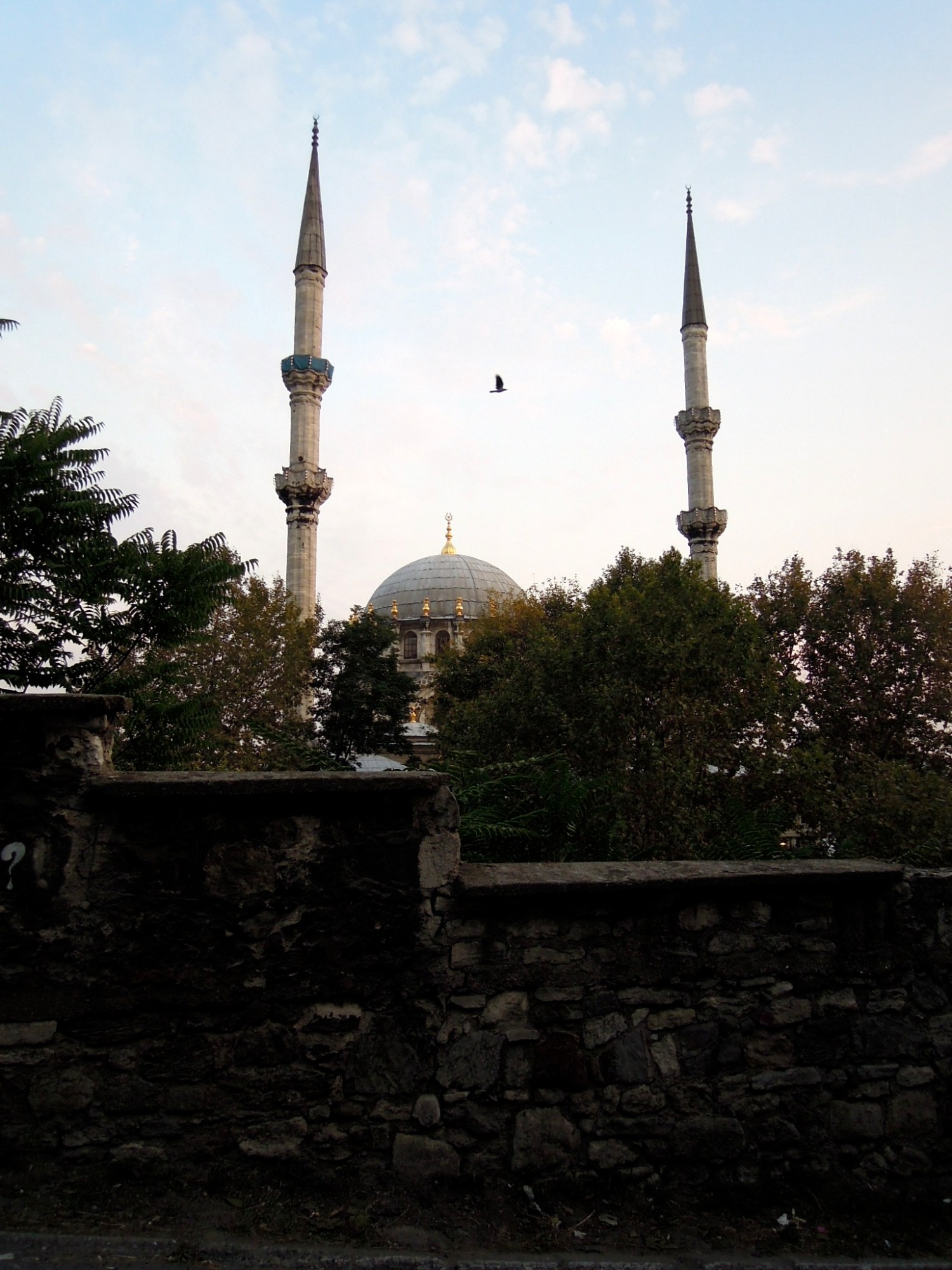 Mosque close to sundown with a bird flying overhead