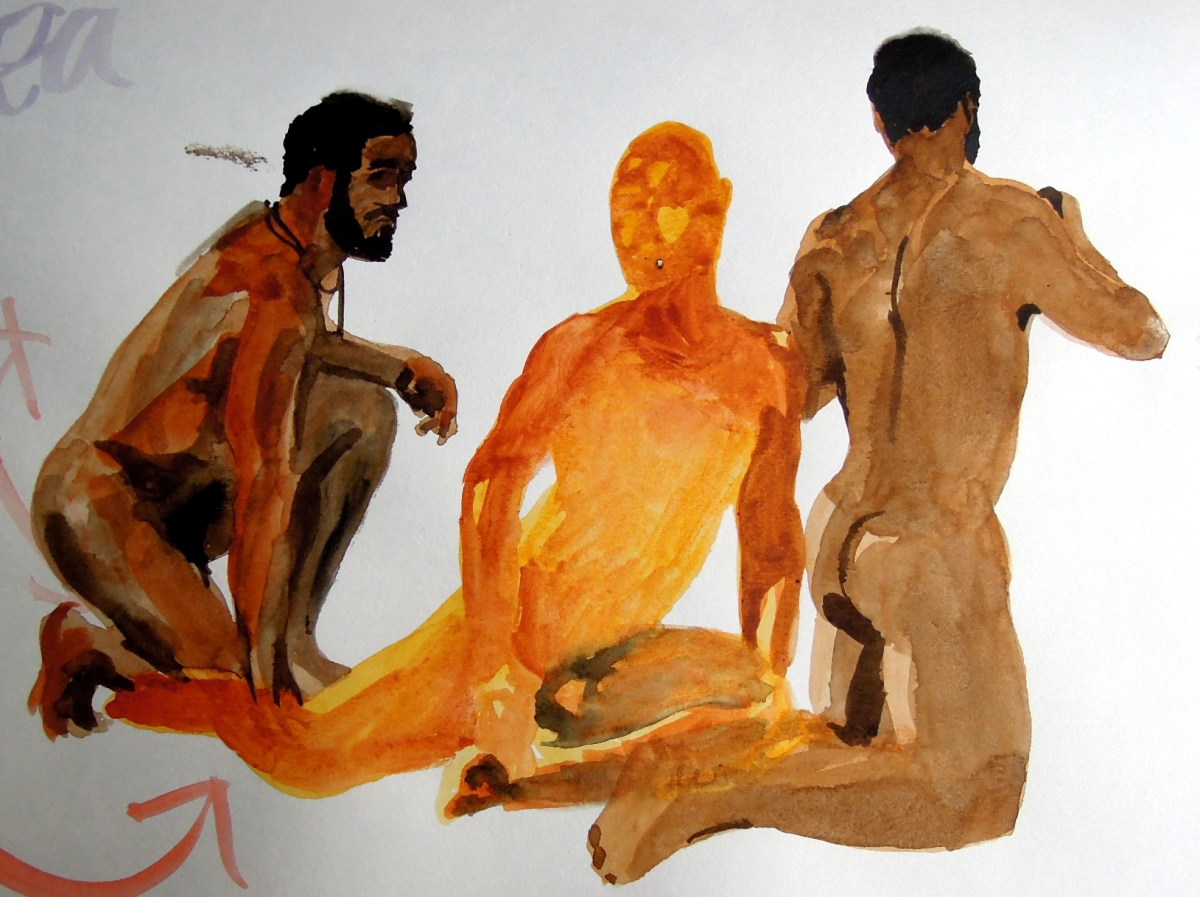 Three watercolor sketches of nude man kneeling or sitting