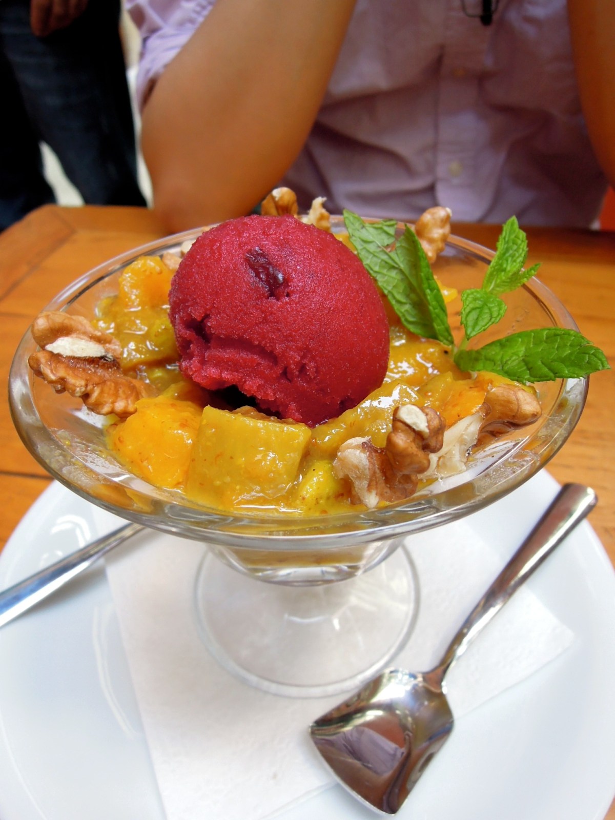 Zencefil café's house dessert of fruit compote, walnuts, and sorbet