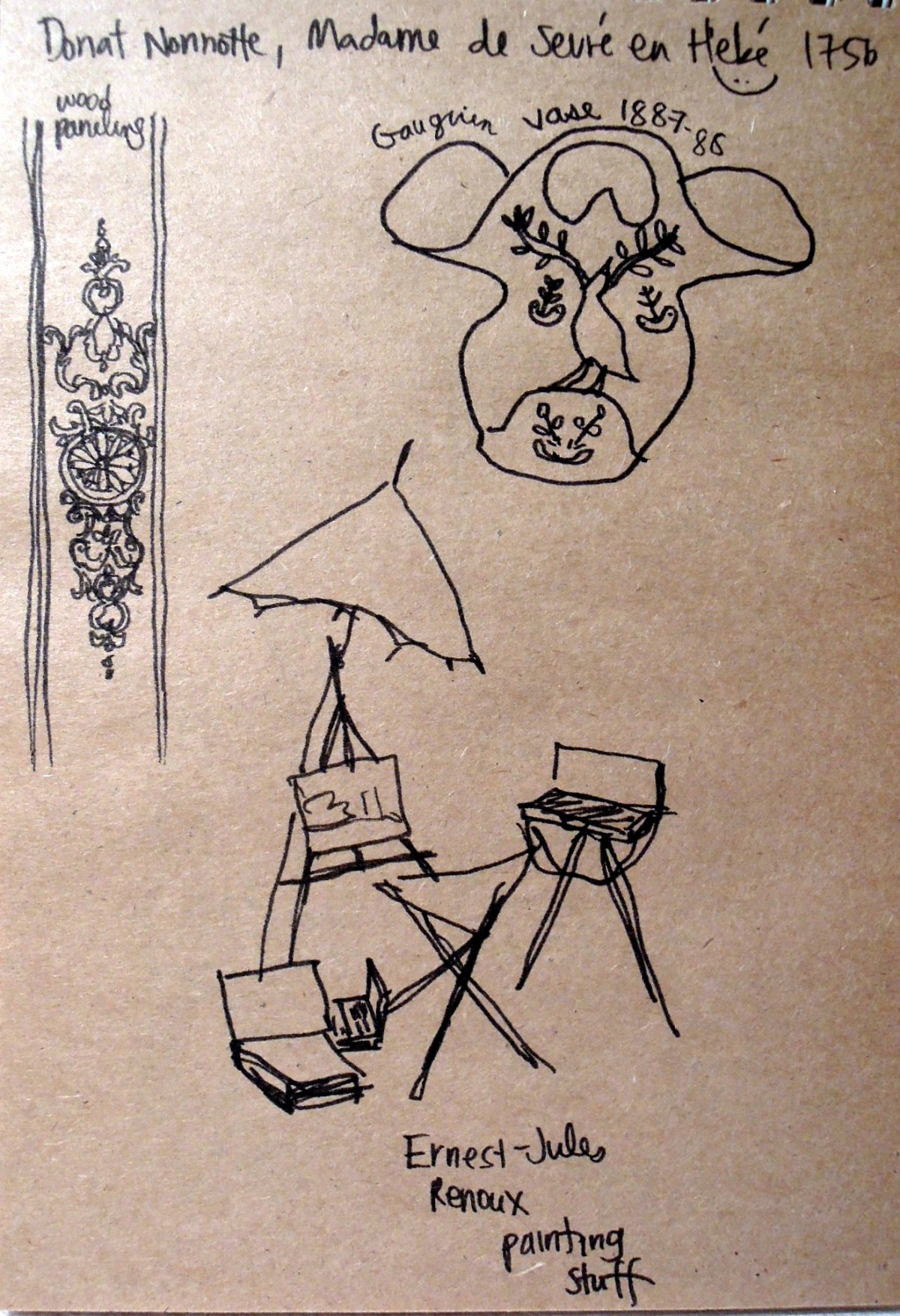 Things I liked in the galleries: a carved wood panel, a Gauguin vessel, a plein-air painter's setup.