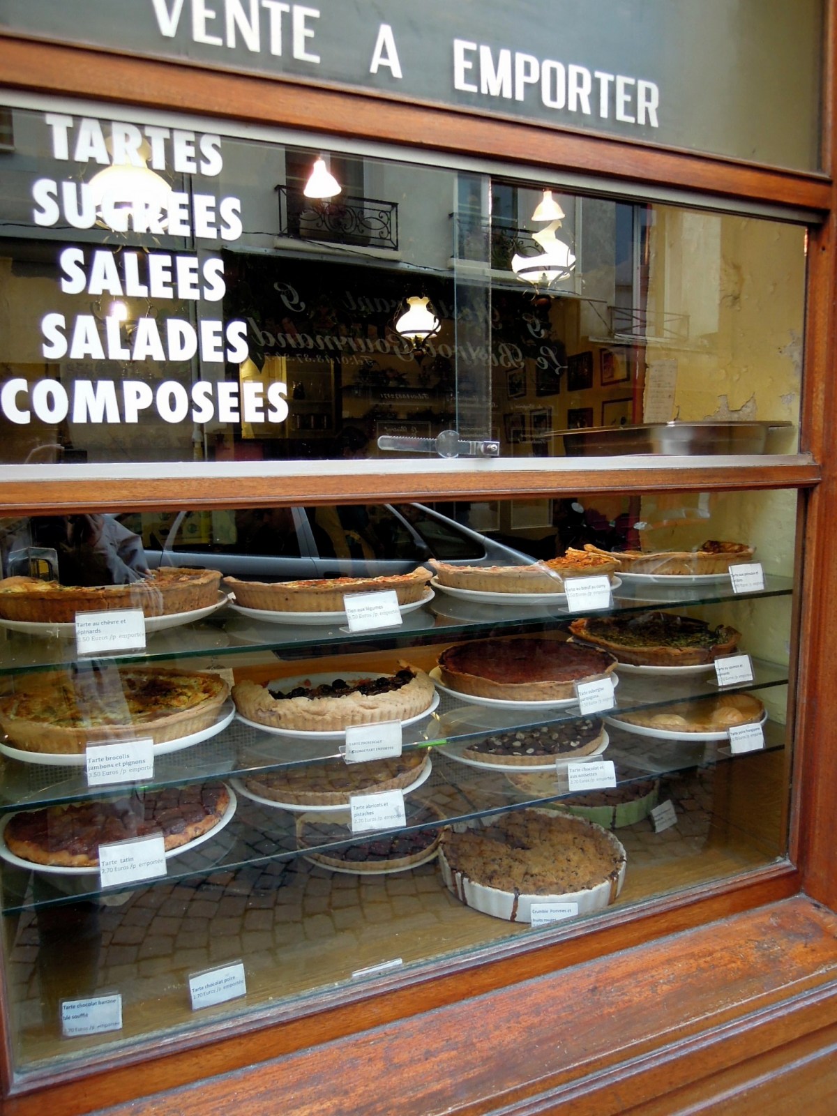 Sweet and savory tarts in the window of La Maison des Tartes