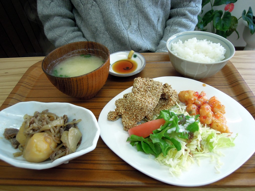 Lunch set B: miso soup, incredible rice, beef/onion/potato, sesame chicken, sweet/spicy shrimp, salad