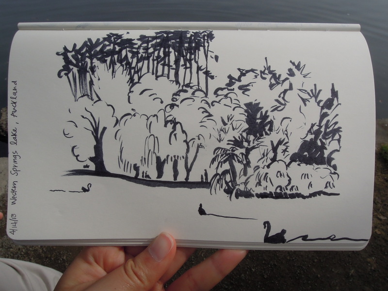 Sketch of the lake and trees with some waterfowl