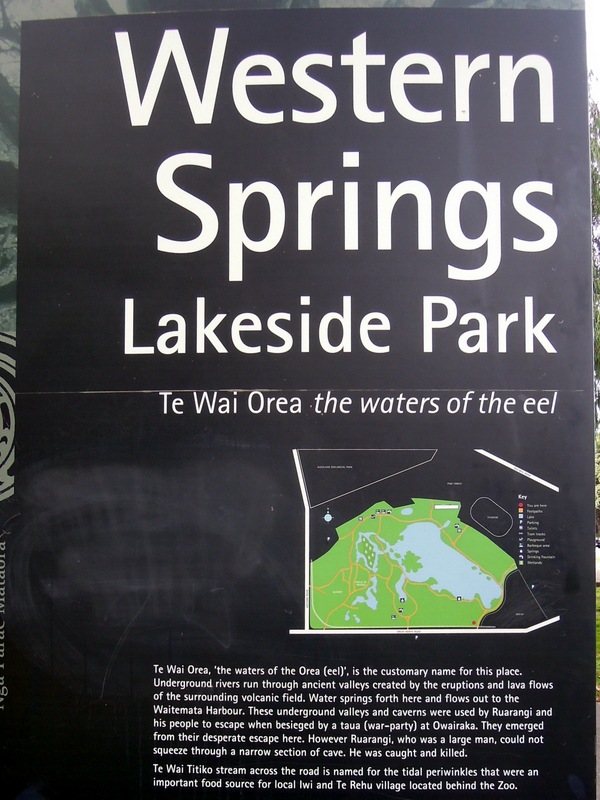 Sign explaining the lake is called "the waters of the eel" (Te Wai Orea) in Maori.