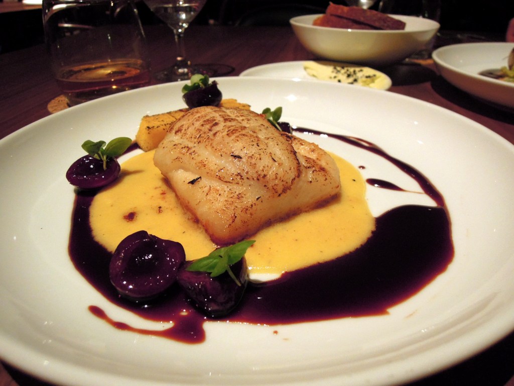 Roasted fluke with cherries, polenta, corn cream