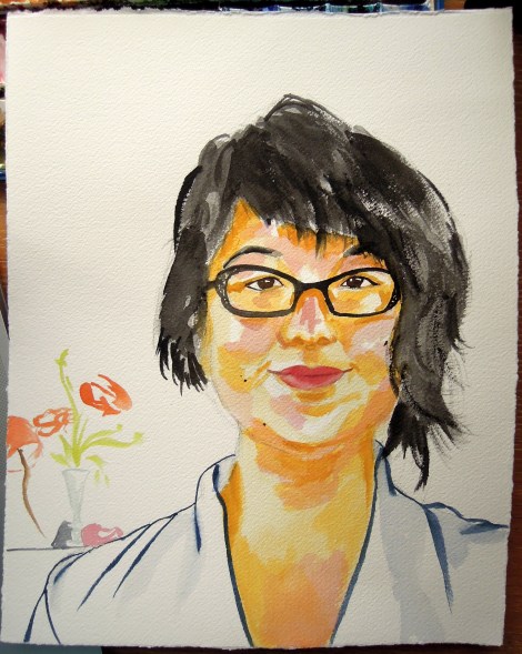 Watercolor self-portrait with vase of flowers in the background