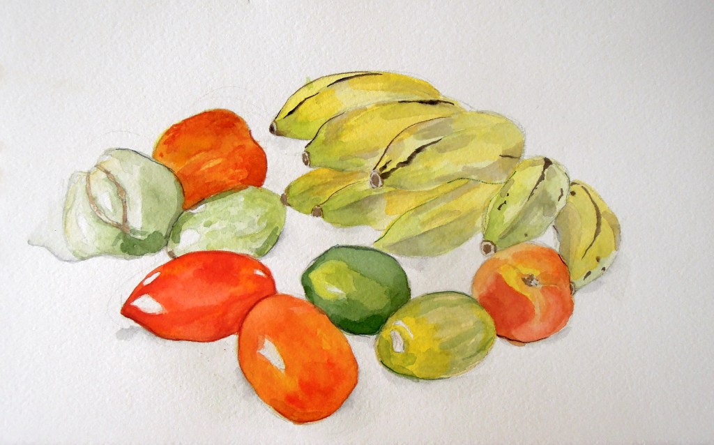 Watercolor still life of fruit and vegetables