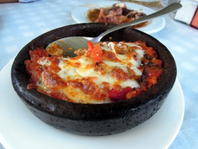 Shrimp casserole in an iron dish, Heyamola restaurant, Heybeliada, Princes Islands, Istanbul