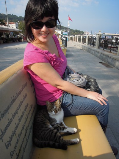 Lisa Hsia with a friendly local cat, Heybeliada, Princes Islands, Istanbul