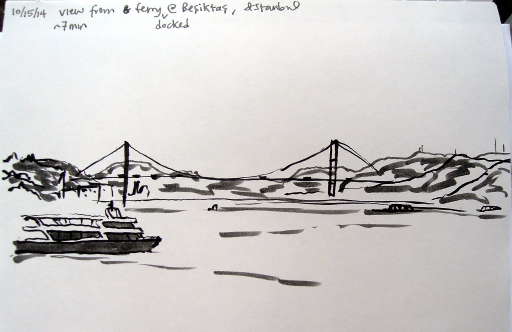 Ink sketch of a bridge and ferry in the Bosphorus, Istanbul