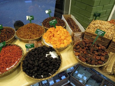 Dried fruit in baskets, Besiktas Aktari shop, Istanbul