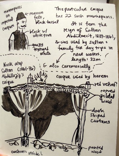 Ink sketch by Lisa Hsia of displays at the Deniz Müzesi (Naval Museum), Istanbul