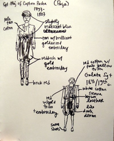 Ink sketch by Lisa Hsia of two costumed mannequins at the Deniz Müzesi (Naval Museum), Istanbul