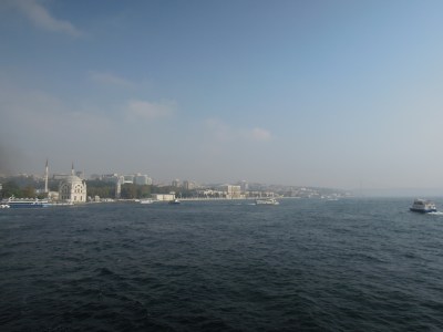 View from the Bosphorus of Istanbul with a large mosque plainly visible on the shoreline